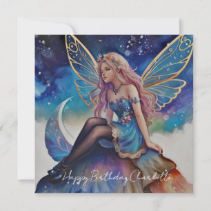 Pretty Blue Watercolor Fairy Birthday Card