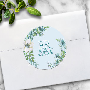 Pretty Blue Watercolor Floral Personalised Classic Round Sticker
