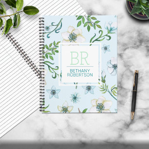 Pretty Blue Watercolor Floral Personalised Notebook