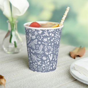 Pretty Blue White Bee Floral Garden Pattern Paper Cups