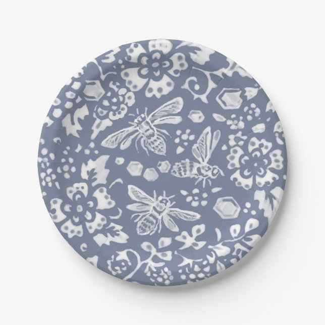 Pretty Blue White Bee Floral Garden Pattern Paper Plate (Front)