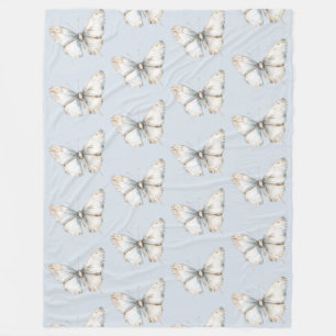 Pretty Blue White Butterfly Fleece Blanket