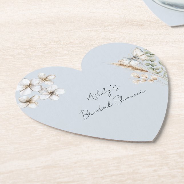 Pretty Blue White Butterfly Floral Bridal Shower Paper Coaster (Angled)