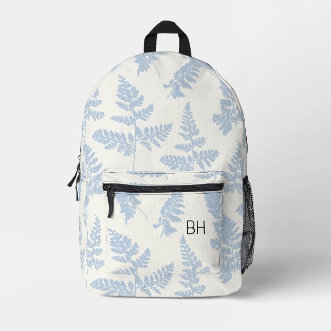 Pretty Blue & White Fern Pattern Monogram Initials Printed Backpack (Front)