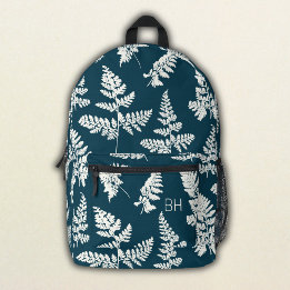 Pretty Blue & White Fern Pattern Monogram Initials Printed Backpack