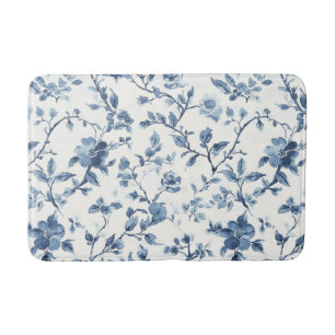 Pretty Blue White Floral   Bath Mat