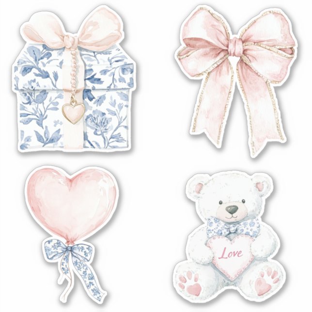 Pretty Blue White Floral Blush Heart Bow Bear (Front)