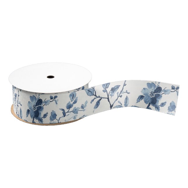 Pretty Blue White Floral Bridal Shower Grosgrain Ribbon (Spool)