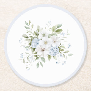 Pretty Blue White Floral Bridal Shower Round Paper Coaster