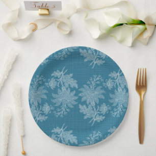 Pretty Blue White Floral Faux Lace Wedding Paper Plate
