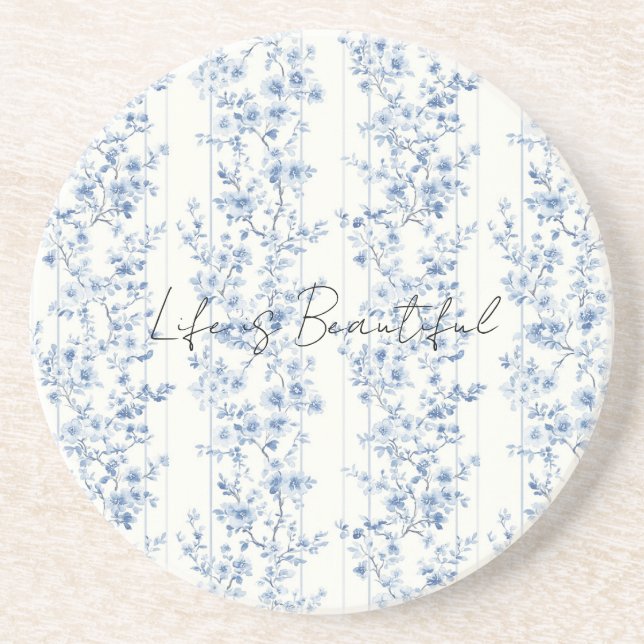 Pretty Blue White Floral Stripes Coaster (Front)