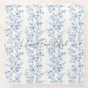 Pretty Blue White Floral Stripes Glass Coaster