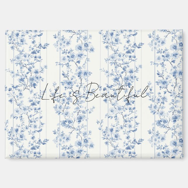 Pretty Blue White Floral Stripes Magnet (Front)