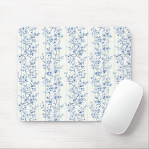 Pretty Blue White Floral Stripes Mouse Pad