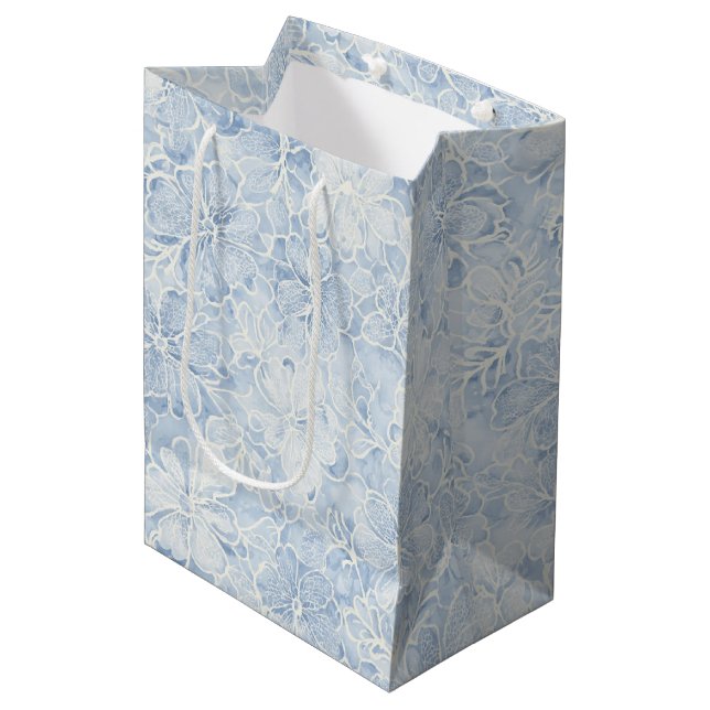 Pretty Blue White Flowers Bridal Shower Medium Gift Bag (Front Angled)