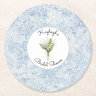 Pretty Blue White Flowers Bridal Shower  Round Paper Coaster