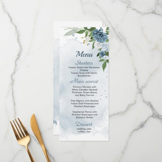 pretty blue white flowers greenery wedding menu (Front/Back In Situ)
