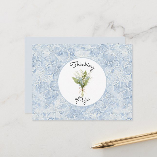 Pretty Blue White Flowers Thinking of you Postcard (Front/Back In Situ)