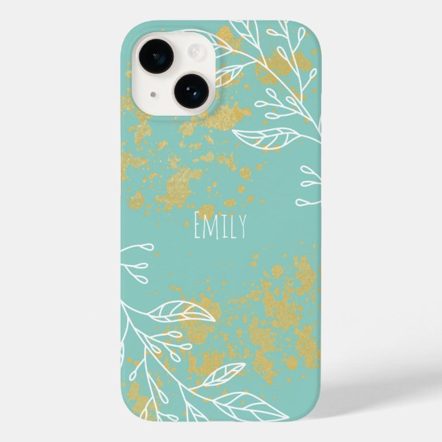 Pretty Blue White Gold Foil Personalised Floral Case-Mate iPhone Case (Back)