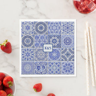 Pretty Blue & White Painted Tiles with Initials Napkin