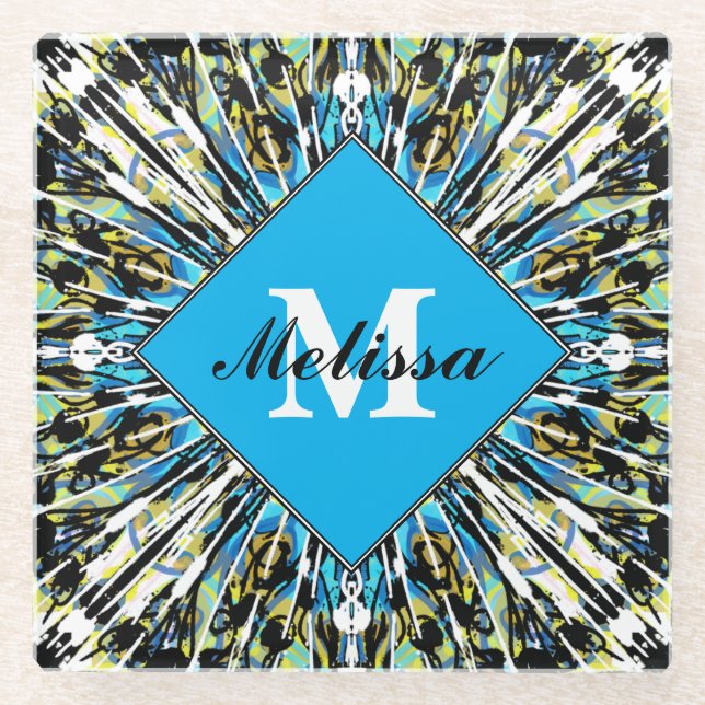 Pretty Blue & White Pattern Custom Name Monogram Glass Coaster (Front)