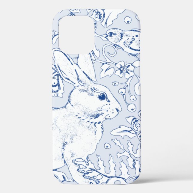 Pretty Blue & White Rabbit Bird Floral Leaf Sketch Case-Mate iPhone Case (Back)
