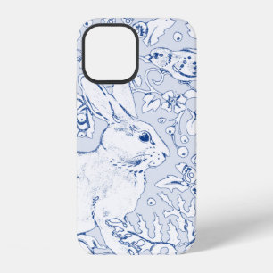Pretty Blue & White Rabbit Bird Floral Leaf Sketch iPhone 12 Case