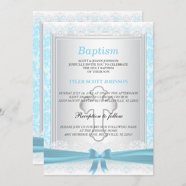 Pretty Blue & White Satin Baptism / Christening Invitation (Front/Back)