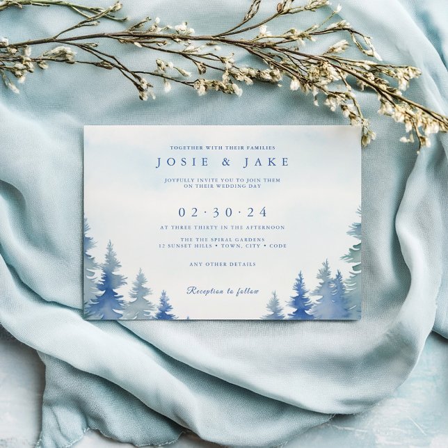 Pretty blue winter pine trees wedding invitation (Pretty winter pine trees wedding invitation.)