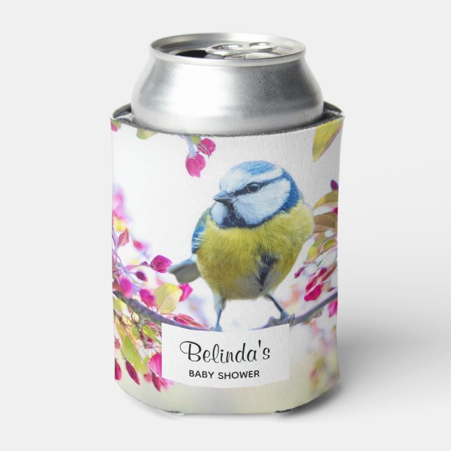Pretty Blue & Yellow Bird on a Branch Baby Shower Can Cooler (Can Front)