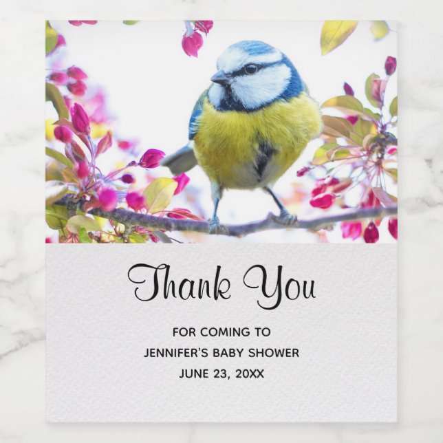 Pretty Blue & Yellow Bird on a Branch Baby Shower Wine Label (Single Label)