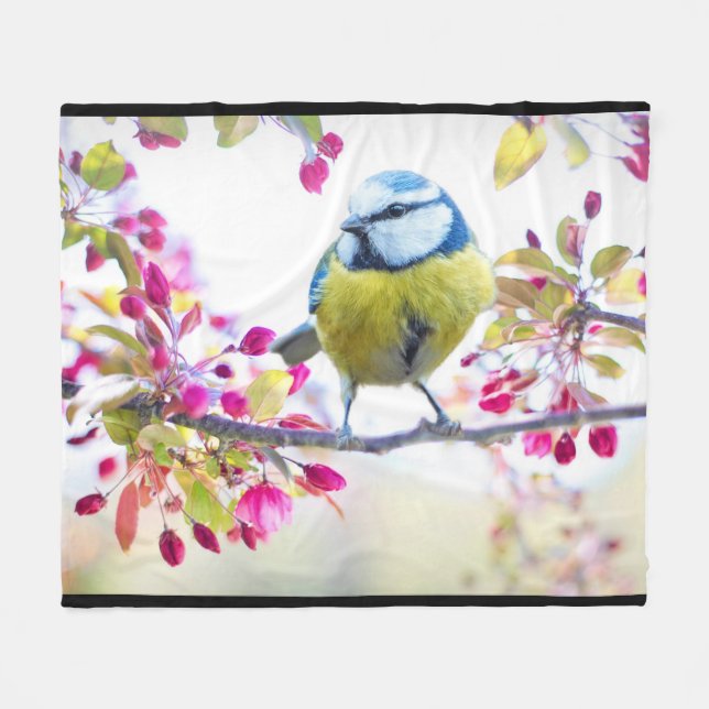 Pretty Blue & Yellow Bird on a Branch Photograph Fleece Blanket (Front (Horizontal))