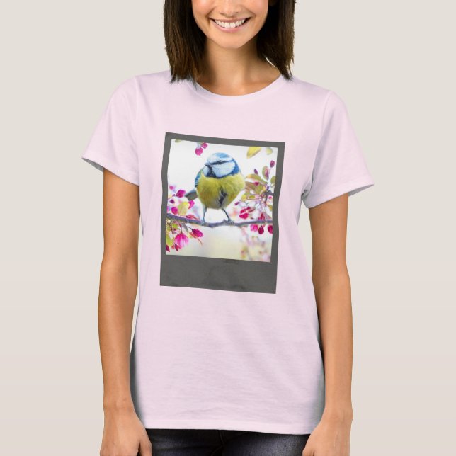 Pretty Blue & Yellow Bird on a Branch Photograph T-Shirt (Front)