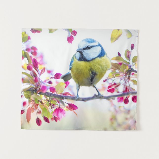 Pretty Blue & Yellow Bird on a Branch Photograph Tapestry (Front (Horizontal))