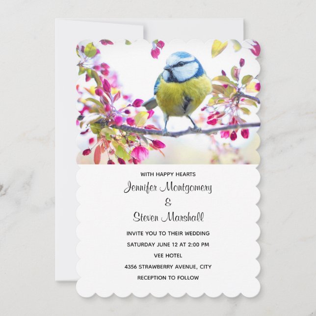 Pretty Blue & Yellow Bird on a Branch Wedding Invitation (Front)