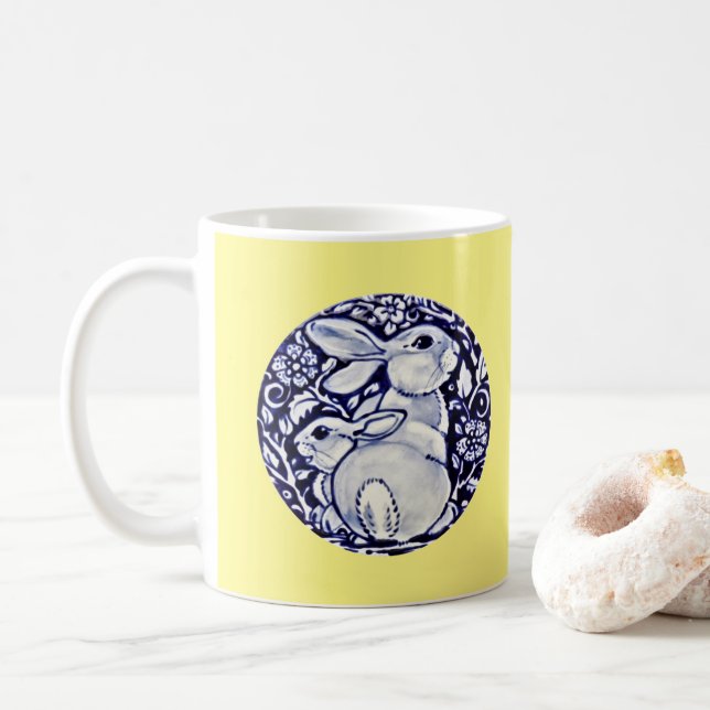 Pretty Blue & Yellow Bunny Rabbit Ceramic Art Coffee Mug (With Donut)