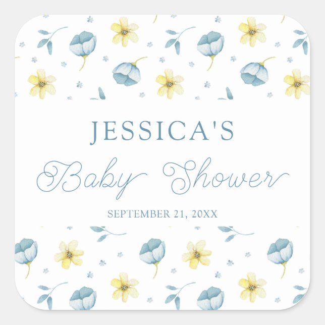 Pretty Blue Yellow Floral Baby Shower Favour Square Sticker (Front)