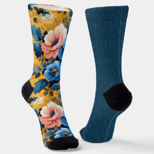 Pretty Blue Yellow Orange Patterns Odd Mismatched  Socks