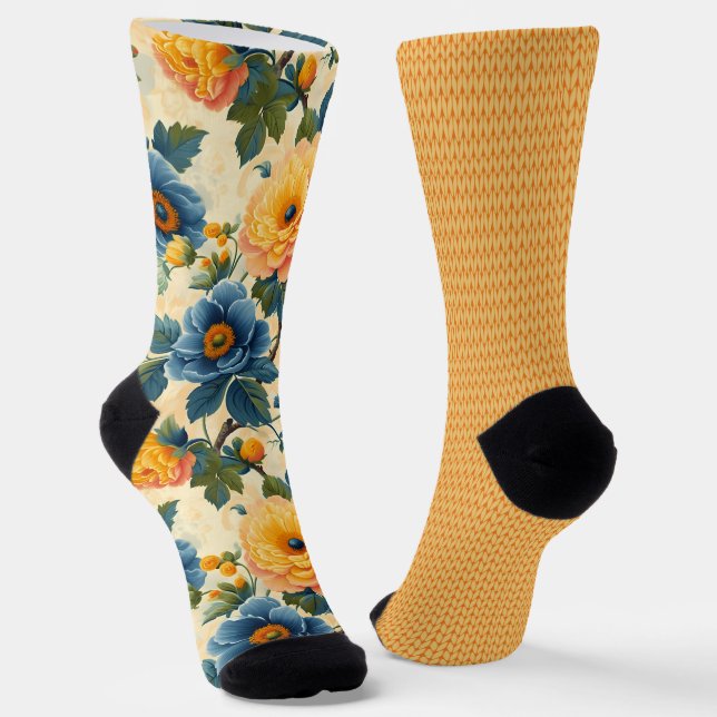 Pretty Blue Yellow Orange Patterns Odd Mismatched  Socks (Angled)