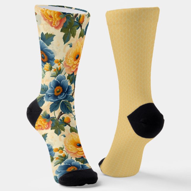 Pretty Blue Yellow Patterns Odd Mismatched  Socks (Angled)