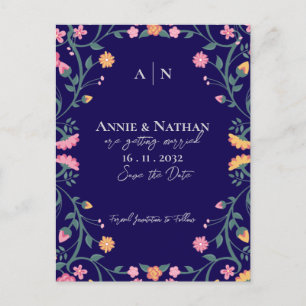 Pretty Blue Yellow Pink Floral Frame Wedding Announcement Postcard