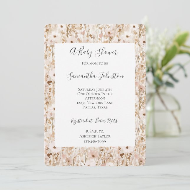 Pretty Blush Brown Floral Baby Shower Invitation (Standing Front)