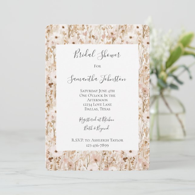 Pretty Blush Brown Floral Bridal Shower Invitation (Standing Front)
