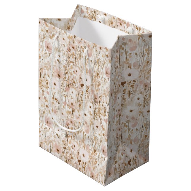 Pretty Blush Brown Floral Bridal Shower Medium Gift Bag (Front Angled)
