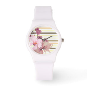 Pretty Blush Coloured Floral Striped Watch