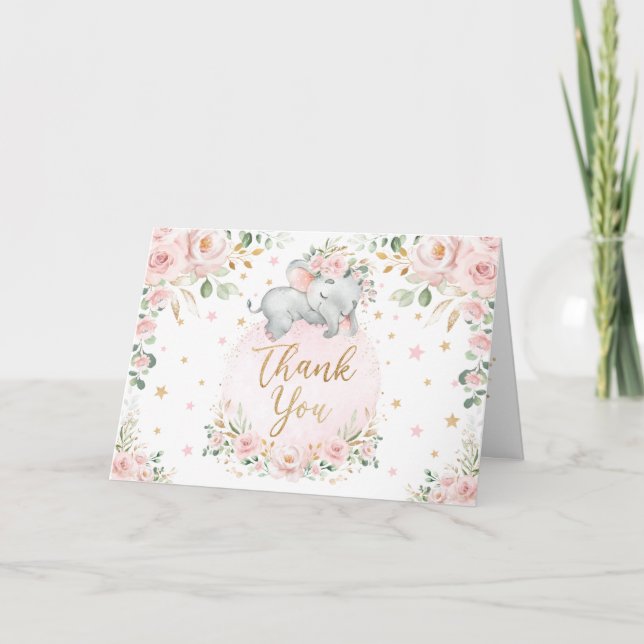 Pretty Blush Floral Elephant Baby Shower Thank You Card (Front)