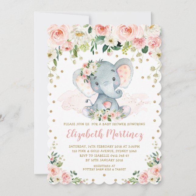 Pretty Blush Floral Elephant Girl Baby Shower Invitation (Front)