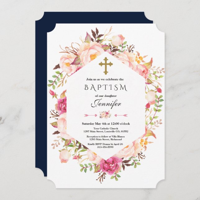 Pretty Blush Floral Geometric Dusty Blue Baptism Invitation (Front/Back)