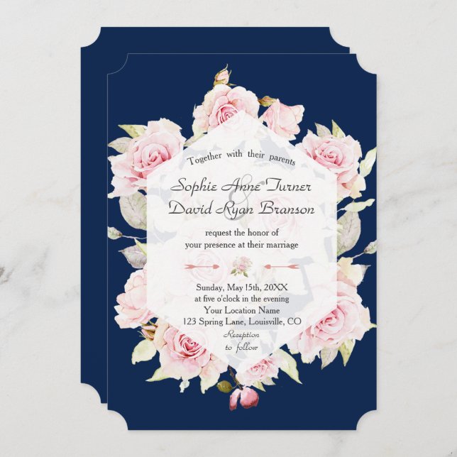 Pretty Blush Floral Geometric Navy Blue Wedding Invitation (Front/Back)