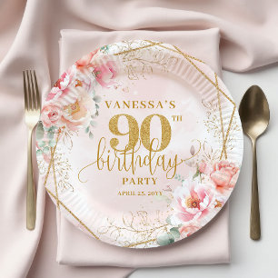 Pretty Blush Floral Gold Frame 90th Birthday Party Paper Plate